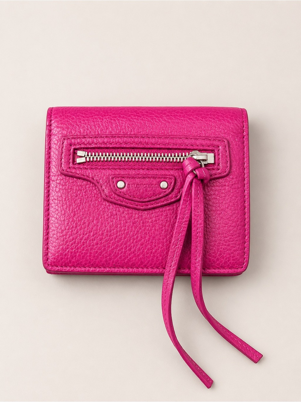 Balenciaga Women's Hot Pink Pebbled Leather Zip Wallet with Tassel